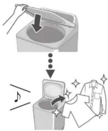 Illustration showing a washing machine with a hand using a tool to clean the sink, followed by a garment being washed out.