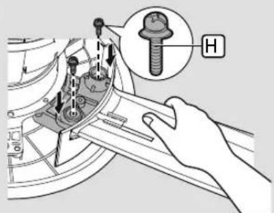 Technical diagram showing a hand using a tool to adjust or install a mechanical component, with an inset image highlighting a bolt labeled 'H'.