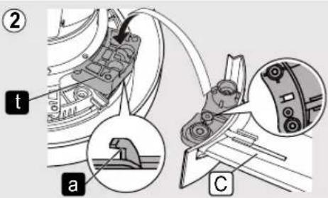 Technical diagram showing mechanical assembly steps with labeled components (t, a, C) and directional arrows indicating movement or process.