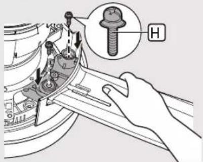 Technical diagram showing a hand using a tool to adjust or install a mechanical component, with a magnified inset highlighting the bolt detail labeled 'H'.