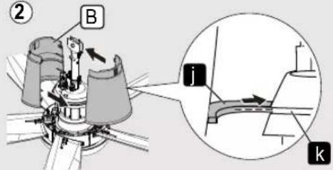 Technical diagram showing mechanical assembly with labeled parts B and k, including a magnified inset view of component j.
