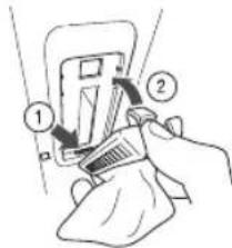 Diagram showing a hand holding a cleaning tool with labeled parts 1 and 2, likely illustrating a cleaning or repair procedure.