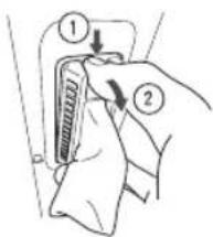 Diagram showing a hand holding a device with numbered callouts indicating steps 1 and 2.