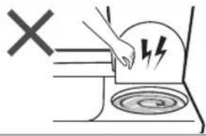 Diagram showing a hand pressing down on a surface with a lightning bolt symbol, marked with an 'X' symbol.