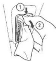 Diagram showing a hand holding a thermometer with two labeled arrows indicating positions of the device.