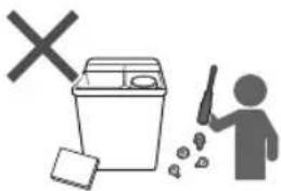 Warning symbol showing a trash bin with a 'X' mark and a person holding a tool, implying food waste or disposal.