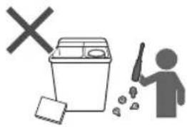 Diagram showing a trash bin with a 'X' symbol and a person sweeping it, indicating a waste sorting or disposal process.
