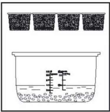 Diagram showing a container with liquid and floating particles, above four labeled containers with height measurements.