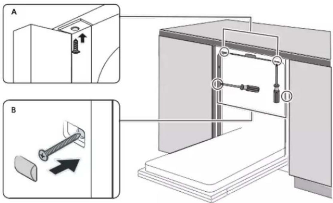 Technical diagram illustrating screw installation steps with labeled components and directional arrows