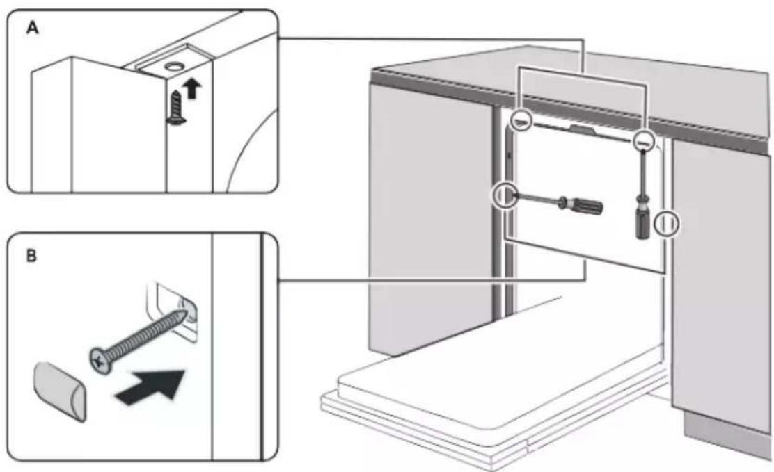 Technical diagram illustrating screw installation steps with labeled components and directional arrows