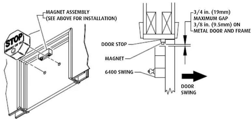 MAGNET ASSEMBLY (SEE ABOVE FOR INSTALLATION) STOP MARKET OF NO. DOOR STOP MAGNET 6400 SWING 3/4 in. (19mm) MAXIMUM GAP 3/8 in. (9.5mm) ON METAL DOOR AND FRAME DOOR SWING