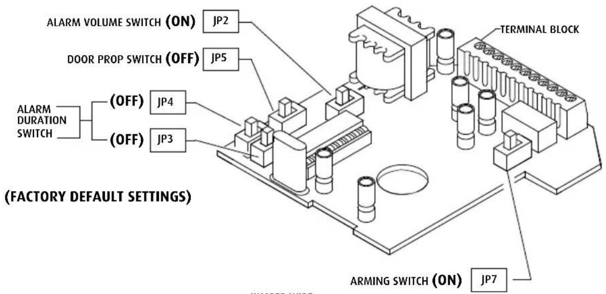 ALARM VOLUME SWITCH (ON) JP2 DOOR PROP SWITCH (OFF) JP5 (FACTORY DEFAULT SETTINGS) ALARM DURATION SWITCH (OFF) JP4 (OFF) JP3 (FT) ARMING SWITCH (ON) JP7 TERMINAL BLOCK ARMING SWITCH (ON)