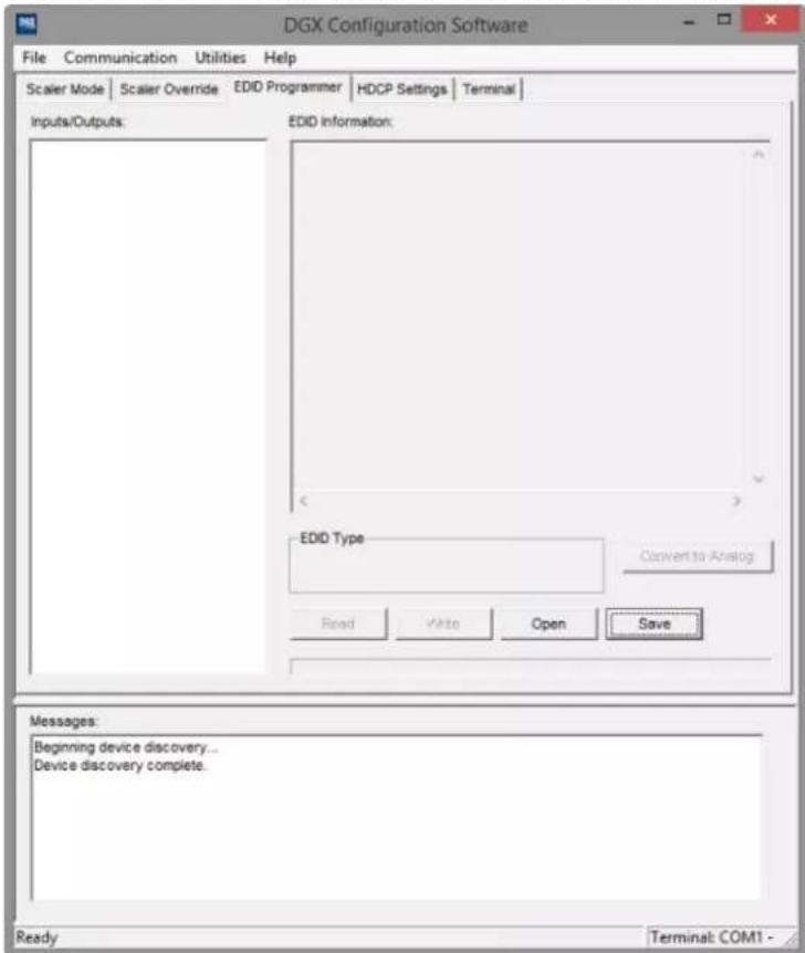DGX Configuration Software File Communication Utilities Help Scaler Mode Scaler Override EDID Programmer HDCP Settings Terminal Inputs/Outputs: EDID Information: EDID Type Convert to Analog Read Write Open Save Messages: Beginning device discovery... Device discovery complete. Ready Terminal: COM1 -