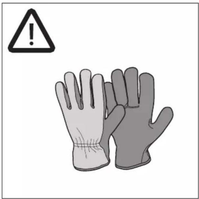 Warning symbol and image showing a hand holding two gloves with an exclamation mark above