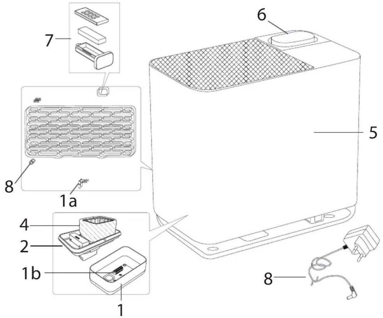 Exploded view diagram of a smart appliance with labeled parts including battery pack, heat exchanger, and plug.