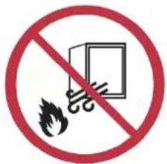 Prohibition sign with symbolic icons of a fire, smoke, and a box inside a circle