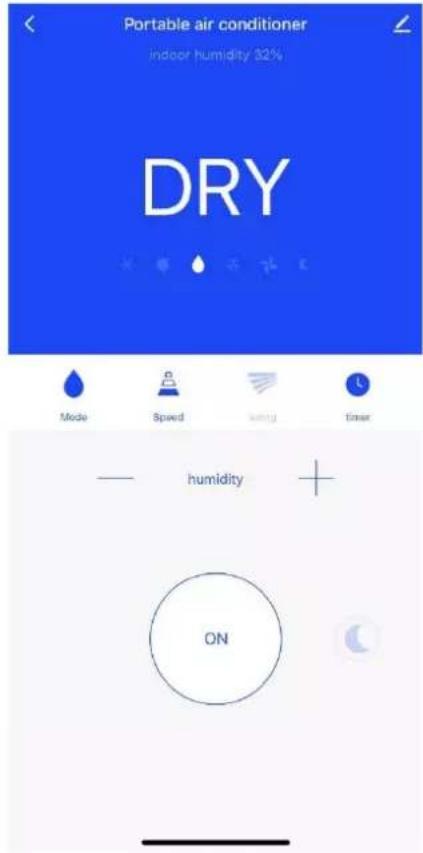 Portable air conditioner indoor humidity 32% DRY Mode Speed Swing Timer — humidity + ON