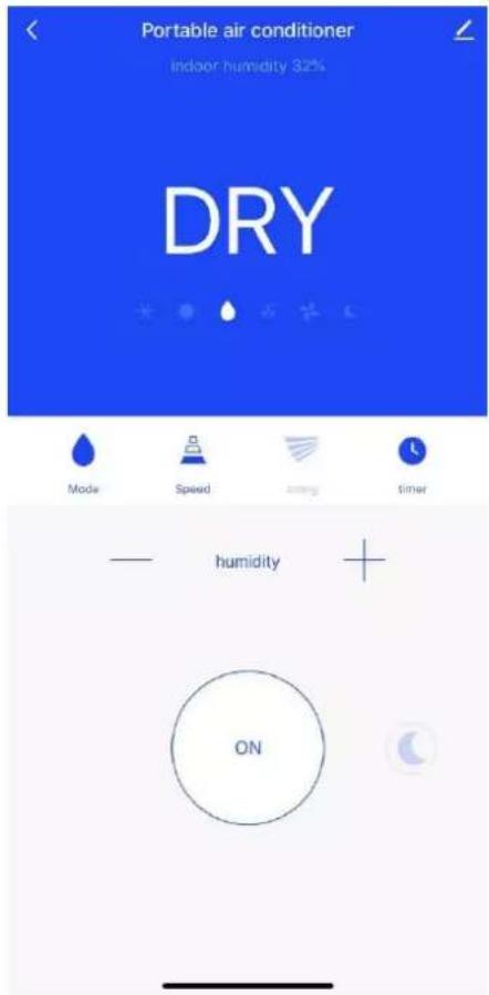 Portable air conditioner indoor humidity 32% DRY Mode Speed timer humidity ON