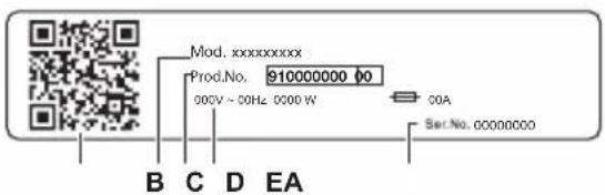 Mod. xxxxxxxxxx Prod.No. 910000000 00 00CV ~ 50Hz 0000 W COA Set.No. 00000000 B C D EA