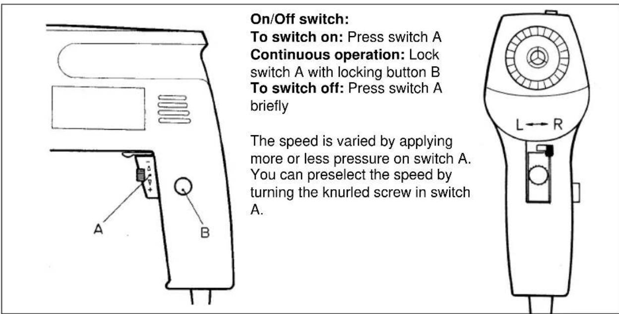 On/Off switch: To switch on: Press switch A Continuous operation: Lock switch A with locking button B To switch off: Press switch A briefly The speed is varied by applying more or less pressure on switch A. You can preselect the speed by turning the knurled screw in switch A.