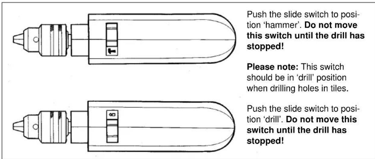 Push the slide switch to position 'hammer'. Do not move this switch until the drill has stopped! Please note: This switch should be in 'drill' position when drilling holes in tiles. Push the slide switch to position 'drill'. Do not move this switch until the drill has stopped!