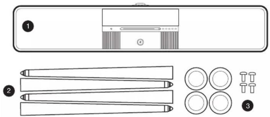 Diagram showing three labeled parts of a device with components including a front panel, cylindrical pins, and four circular features.