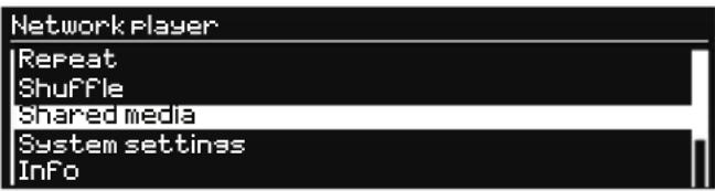 Network Player Repeat Shuffle Shared media System settings Info