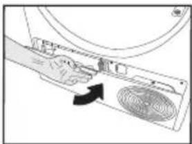 Diagram of a hand pressing down on a fan component with an arrow indicating motion (no text or symbols present)