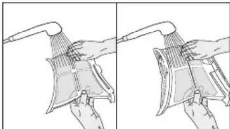 Illustration of a hand holding a showerhead with a device, showing two sequential steps (no text or symbols)
