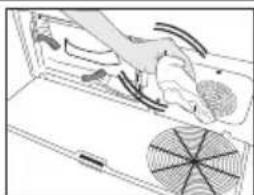 Diagram of a hand cleaning a device with fan and fan blade (no text or symbols)