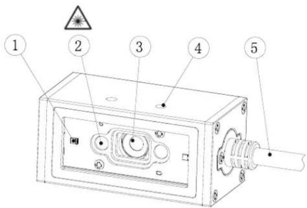 Technical diagram of an electronic device with numbered components and warning symbol