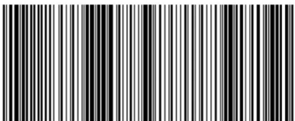 Black and white barcode image with vertical lines and a central 'R' mark