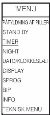 MENU PÄFYLDNING AF PILER STAND BY TIMER NIGHT DATO/KLOKKESLÆT DISPLAY SPROG BIP INFO TEKNISK MENU
