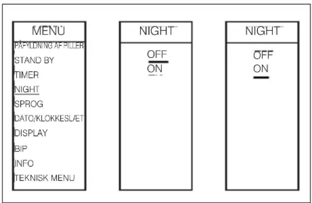 MENU PÄRYLDNING AF PILER STAND BY TIMER NIGHT SPROG DATO/KLOKKESLÆT DISPLAY BIP INFO TEKNISK MENU NIGHT OFF ON NIGHT OFF ON