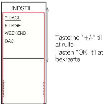 INDSTIL 7 DAGE 5 DAGE WEEKEND DAG Tasterne "+/-" til at rulle Tasten "OK" til at bekræfte