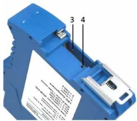 Close-up of a blue plastic electrical component with labeled parts 3 and 4, showing internal structure and text.