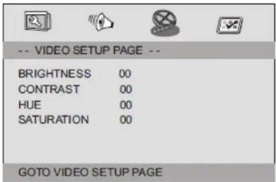 -- VIDEO SETUP PAGE -- BRIGHTNESS 00 CONTRAST 00 HUE 00 SATURATION 00 GOTO VIDEO SETUP PAGE