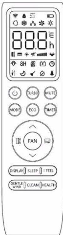 00.0 E 00.0 h 8H TURBO MUTE MODE ECO TIMER FAN DISPLAY SLEEP I FEEL GENTLE CLEAN HEALTH WIND