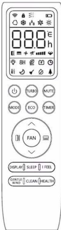 00.0 E 00.0 h 8H TURBO MUTE MODE ECO TIMER FAN DISPLAY SLEEP I FEEL GENTLE CLEAN HEALTH WIND