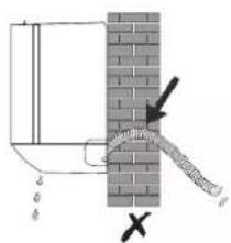 Diagram showing a pipe or cable inserted into a brick wall, with arrows indicating direction and a cross symbol at the bottom.