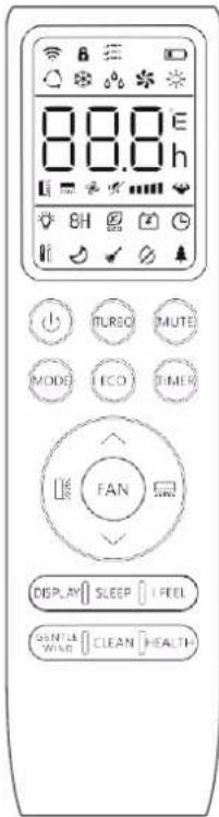0.0.0 E 0.0.0 h 8H TURBO MUTE MODE ICO TIMER FAN DISPLAY SLEEP FEEL SINGLE CLEAN HEALTH WIND