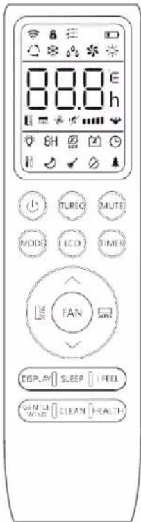 00.0 E 00.0 h 8H TURSO MUTE MODE ECO TIMER FAN DISPLAY SLEEP I FEEL SENILE CLEAN HEALTH