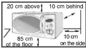20 cm above, 10 cm behind, 85 cm of the floor, 10 cm on the side