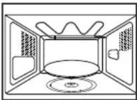 Line drawing of a microwave oven with doors, ventilation ducts, and a circular base (no text or symbols).
