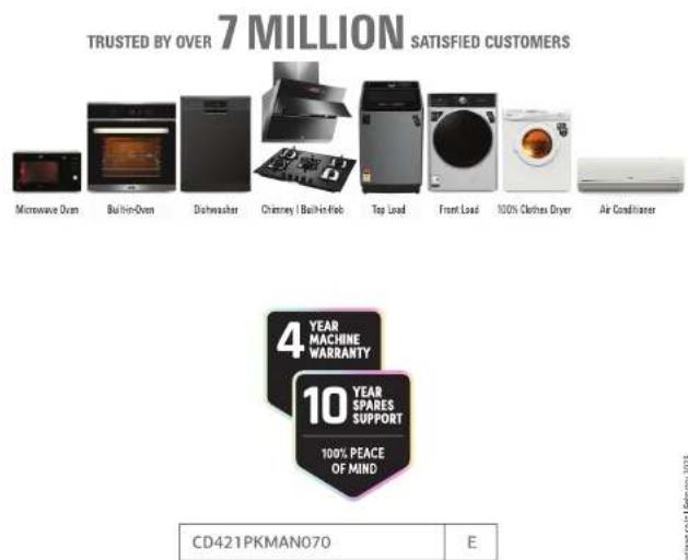 TRUSTED BY OVER 7 MILLION SATISFIED CUSTOMERS Microwave Oven Built-in-Oven Dishwasher Chimney | Built-in-Fob Top Load Front Load 100% Clothes Dryer Air Conditioner 4 YEAR MACHINE WARRANTY 10 YEAR SPARES SUPPORT 100% PEACE OF MIND CD421PKMAN070 E