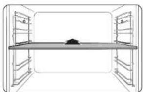 Line drawing of a room with a central table and symmetrical shelves (no text or symbols)