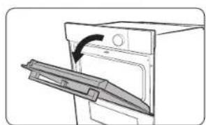 Diagram of a refrigerator with an open door and a handle, showing a black arrow indicating rotation (no text or symbols present).