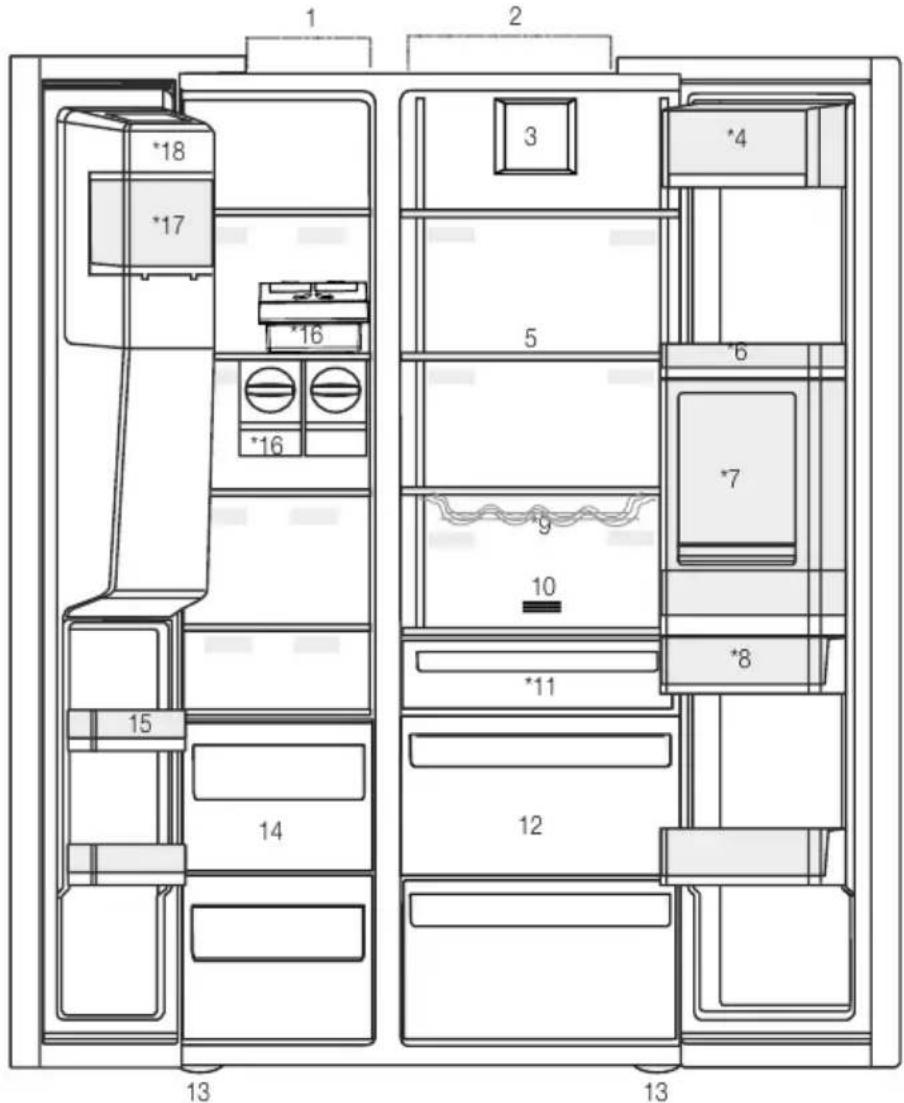 Technical diagram of a refrigerator interior with numbered compartments and wall-mounted appliances