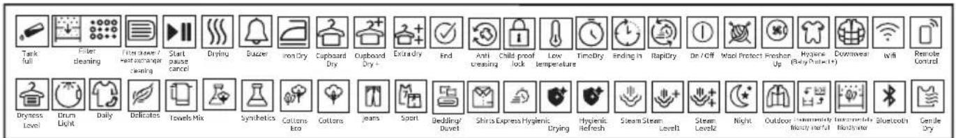 Tank full Filler cleaning Fillet size / next extra-oper cleaning Start pause cancel Drying Buzzer Iron Dry Cupboard Dry Cupboard Dry + Extradly End Anti cressing Child proof lock Low temperature TimeDry Ending in RapidDry Dr / Off Mool Protect Fresher Up Hygiene (Baby Protection) Downwest WiFi Remote Control Dryness Level Brum Light Daily Delicates Towels Mix Synthetics Cottons Box Cottons jeans Sport Beddling/ Duvel Shirts Express Hygienic Drying Hygienic Refresh Steam Steam Level1 Steam Level2 Night Outdoor community Moody not all Inconstrained Bodywater Bluetooth Candle Dry