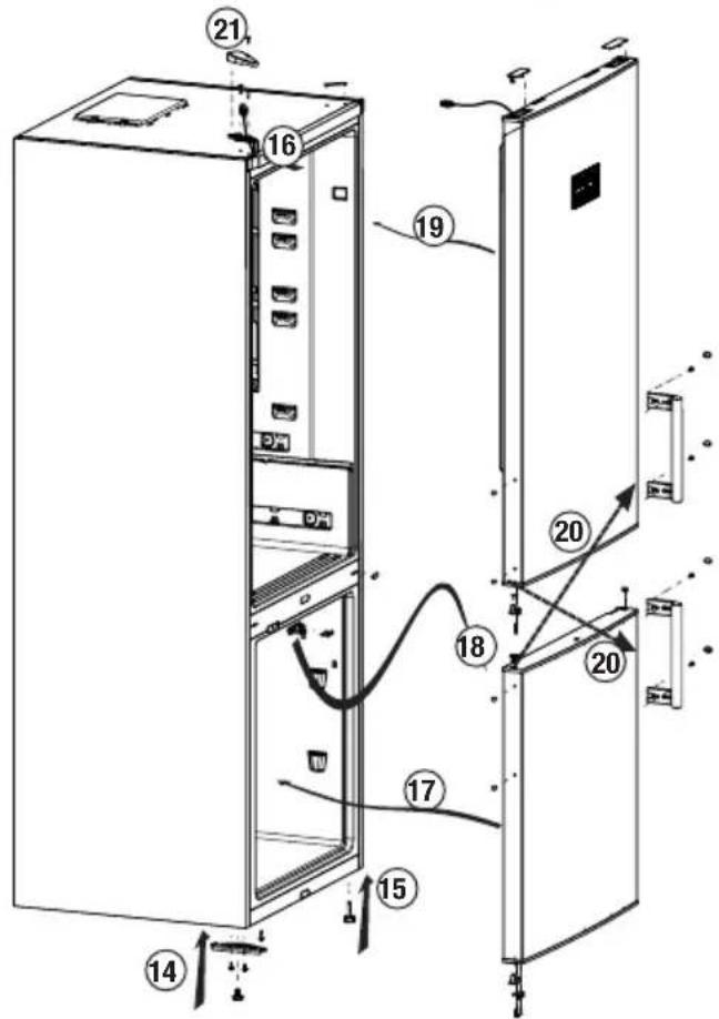 Technical diagram of an internal refrigerator with numbered components and wiring annotations